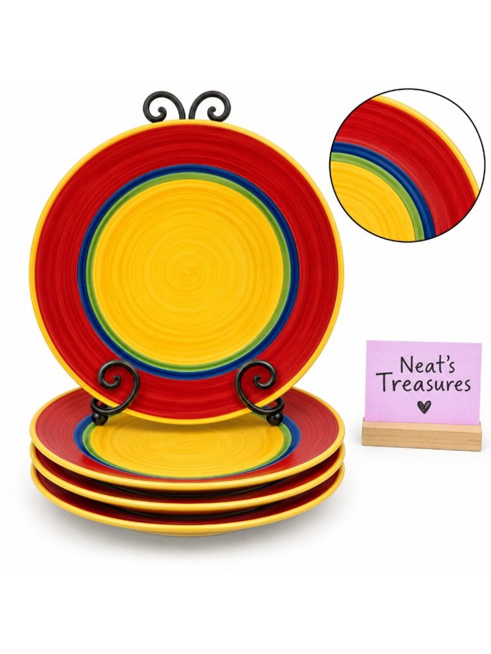 Royal Norfolk MAMBO Greenbrier Yellow Center Rings Stoneware Dinner Plate Set 4
